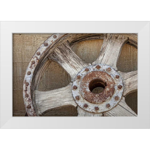 California, Randsburg Old wooden and metal wheel White Modern Wood Framed Art Print by Paulson, Don