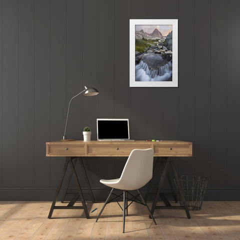 CA, Inyo NF Stream with waterfall and Mt Ritter White Modern Wood Framed Art Print by Paulson, Don