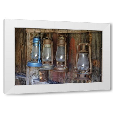 CA, Bodie SP Llanterns in abandoned fire station White Modern Wood Framed Art Print by Flaherty, Dennis