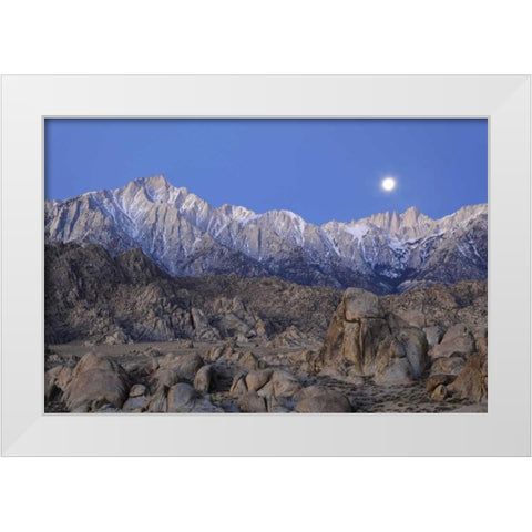 CA, Moonset on Lone Pine Peak and Mt Whitney White Modern Wood Framed Art Print by Flaherty, Dennis