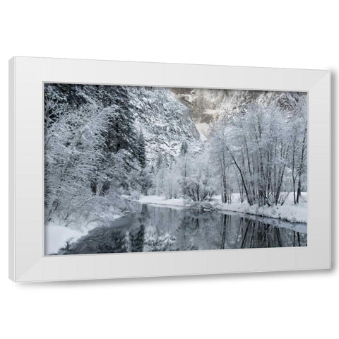 CA, Yosemite Winter landscape of Merced River White Modern Wood Framed Art Print by Bush, Marie