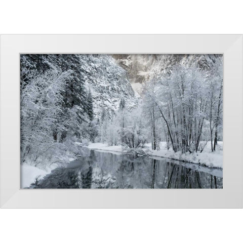 CA, Yosemite Winter landscape of Merced River White Modern Wood Framed Art Print by Bush, Marie