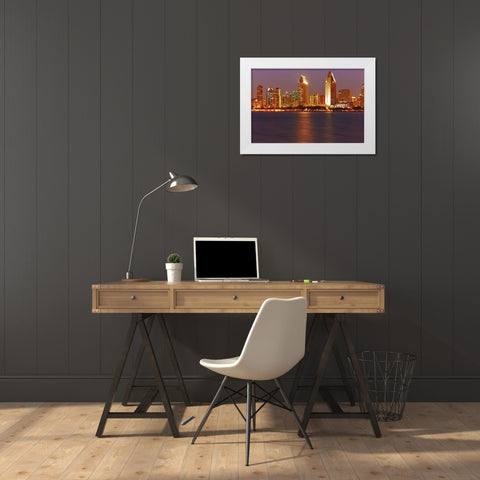 CA, San Diego Downtown skyline from the harbor White Modern Wood Framed Art Print by Ross, Steve