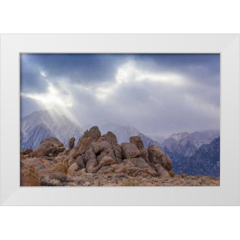 CA, Alabama Hills Clouds over Lone Pine Peak White Modern Wood Framed Art Print by Paulson, Don