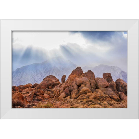 CA, Alabama Hills God rays over Lone Pine Peak White Modern Wood Framed Art Print by Paulson, Don