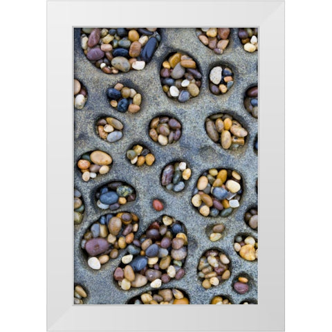 CA, Tafoni formation holes filled with pebbles White Modern Wood Framed Art Print by Delisle, Gilles