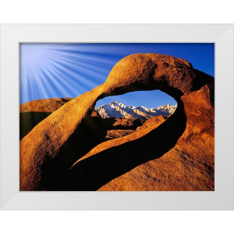 California-Alabama Hills Sun rays and granite arch that frames Lone Pine Peak White Modern Wood Framed Art Print by Jaynes Gallery