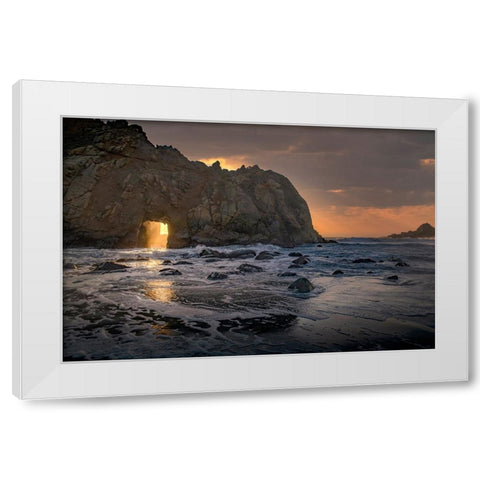 Usa-California Sunsets gleams through this hole in the rock along the Big Sur coast White Modern Wood Framed Art Print by Sederquist, Betty