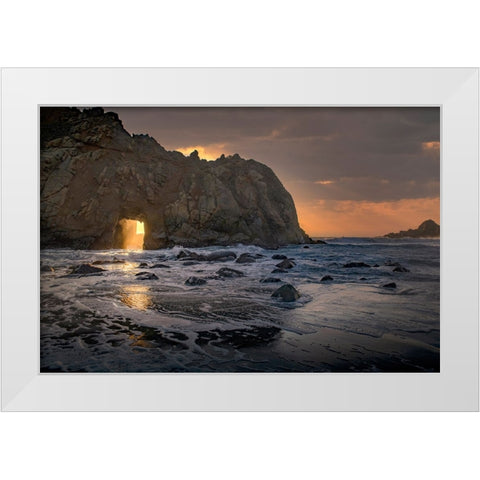 Usa-California Sunsets gleams through this hole in the rock along the Big Sur coast White Modern Wood Framed Art Print by Sederquist, Betty