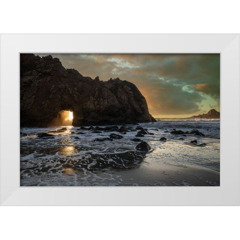 Sunset shines through a tunnel in this sea rock at Big Sur. White Modern Wood Framed Art Print by Sederquist, Betty