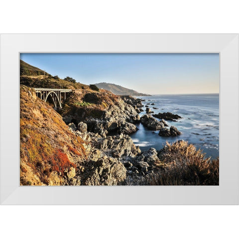 California-Big Sur-Granite Canyon Bridge-The View along the Coast Below the Bridge White Modern Wood Framed Art Print by Looney, Hollice