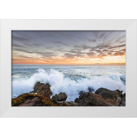 Crashing winter waves on the rocks of Lovers Point in Pacific Grove-Monterey Peninsula-California White Modern Wood Framed Art Print by Haddad, Sheila