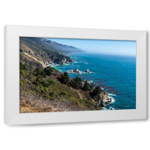 The rugged coastline of Big Sur-California with wisps of fog floating into the hills White Modern Wood Framed Art Print by Haddad, Sheila