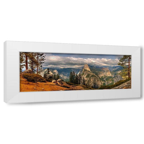 Panoramic view across Yosemite National Park to half dome in California White Modern Wood Framed Art Print by SMO