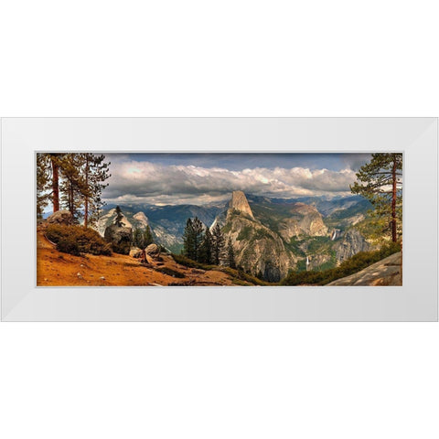 Panoramic view across Yosemite National Park to half dome in California White Modern Wood Framed Art Print by SMO