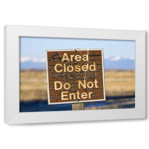 CO, An aged warning sign in the Monte Vista NWR White Modern Wood Framed Art Print by Lord, Fred