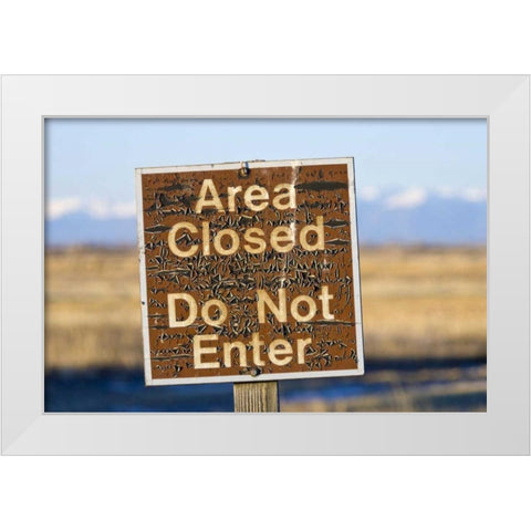 CO, An aged warning sign in the Monte Vista NWR White Modern Wood Framed Art Print by Lord, Fred