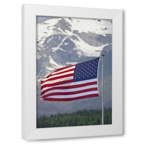CO, Silverthorne American flag and mountain White Modern Wood Framed Art Print by Lord, Fred