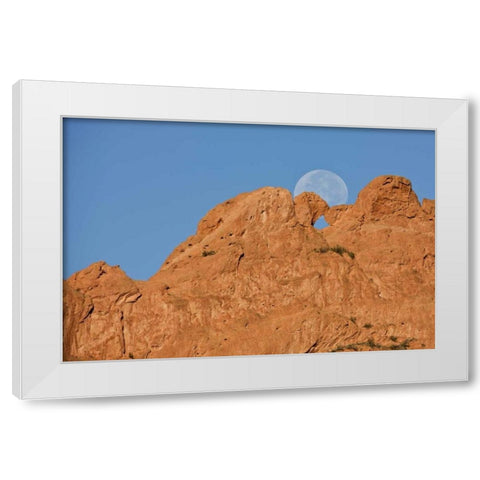 CO, Colorado Springs Moon sets behind formations White Modern Wood Framed Art Print by Grall, Don