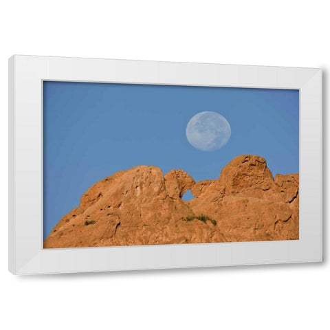 CO, Colorado Springs Moon sets behind formations White Modern Wood Framed Art Print by Grall, Don