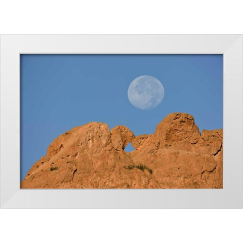 CO, Colorado Springs Moon sets behind formations White Modern Wood Framed Art Print by Grall, Don