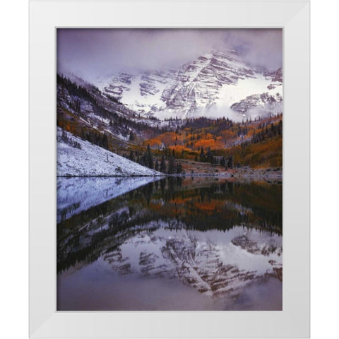 CO, Maroon Bells from Maroon Lake White Modern Wood Framed Art Print by Flaherty, Dennis