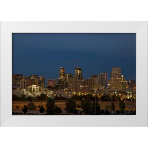 USA, Colorado, Denver Skyline at dusk White Modern Wood Framed Art Print by Grall, Don