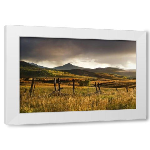 CO, San Juan Mts Landscape and fence at sunset White Modern Wood Framed Art Print by Bush, Marie