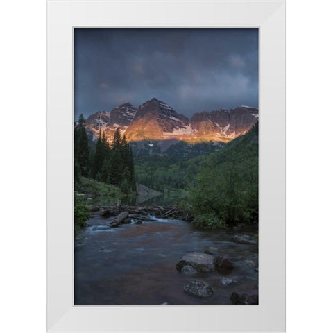 CO, Sunrise clouds on Maroon Bells mountains White Modern Wood Framed Art Print by Grall, Don