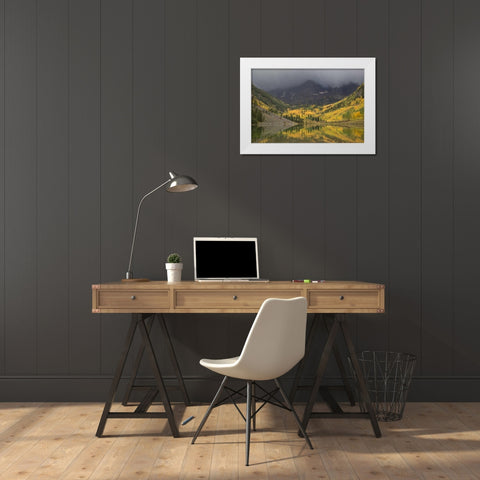 CO Autumn clouds on Maroon Bells mountains White Modern Wood Framed Art Print by Grall, Don