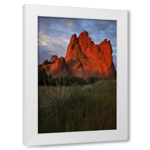 CO, Colorado Springs Sunrise on sandstone cliff White Modern Wood Framed Art Print by Grall, Don