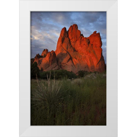 CO, Colorado Springs Sunrise on sandstone cliff White Modern Wood Framed Art Print by Grall, Don