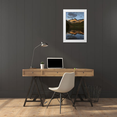Colorado Sunrise on Maroon Bells mountains White Modern Wood Framed Art Print by Grall, Don