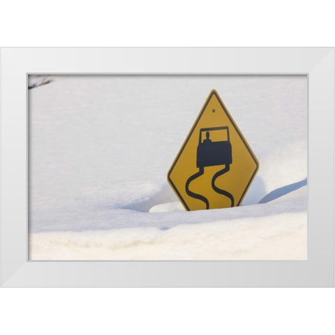 Colorado A slippery when wet sign buried in snow White Modern Wood Framed Art Print by Grall, Don
