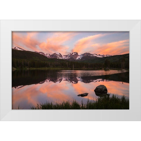 Colorado-Rock Mountain National Park Sunrise reflection in Sprague Lake  White Modern Wood Framed Art Print by Jaynes Gallery