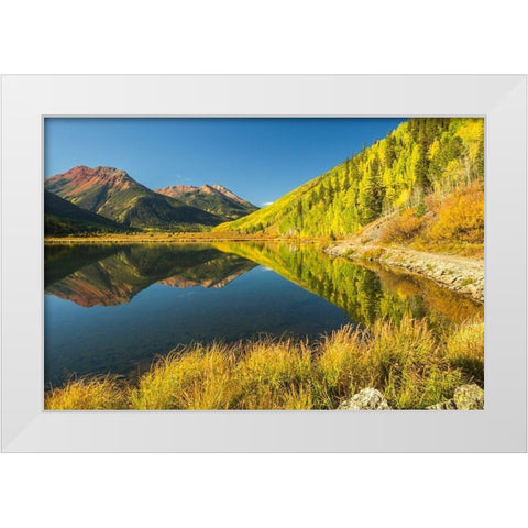 Colorado-San Juan Mountains Crystal Lake reflection in autumn  White Modern Wood Framed Art Print by Jaynes Gallery
