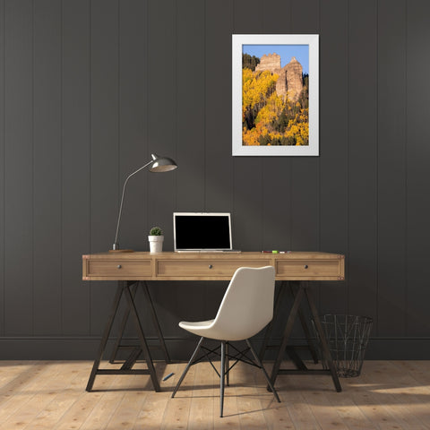USA-Colorado-Uncompahgre National Forest Pinnacle Ridge towers over aspens in autumn White Modern Wood Framed Art Print by Jaynes Gallery