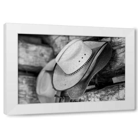 USA-Colorado-Westcliffe Music Meadows Ranch Tack room-cowboy hat detail White Modern Wood Framed Art Print by Hopkins, Cindy Miller