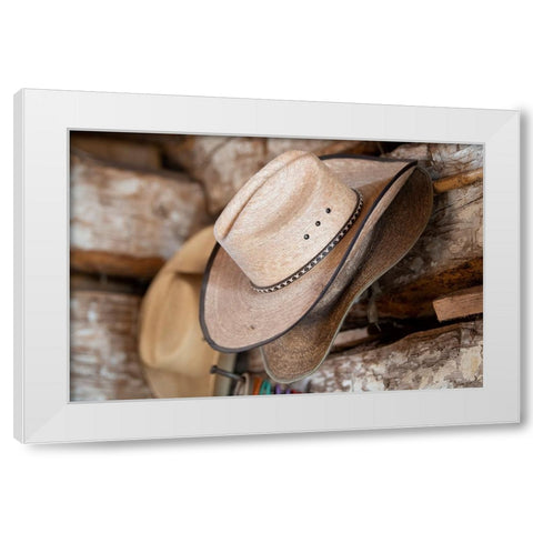USA-Colorado-Westcliffe Music Meadows Ranch Tack room-cowboy hat detail White Modern Wood Framed Art Print by Hopkins, Cindy Miller