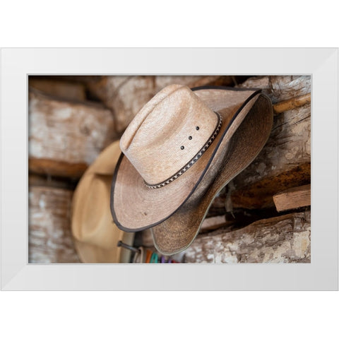 USA-Colorado-Westcliffe Music Meadows Ranch Tack room-cowboy hat detail White Modern Wood Framed Art Print by Hopkins, Cindy Miller