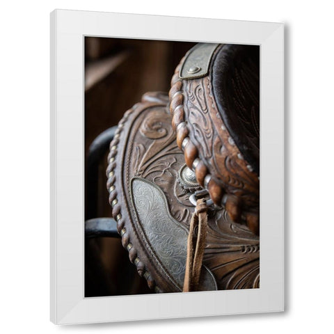 USA-Colorado-Custer County-Westcliffe-Music Meadows Ranch Tack room Tooled leather western saddle White Modern Wood Framed Art Print by Hopkins, Cindy Miller