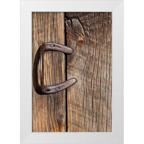 USA-Colorado-Westcliffe Old wooden barn wall with bent horseshoe handle White Modern Wood Framed Art Print by Hopkins, Cindy Miller