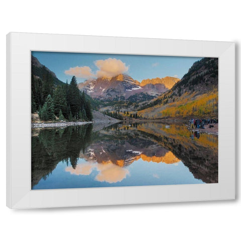 Colorado-Maroon Bells Mountain lake reflections in autumn sunrise White Modern Wood Framed Art Print by Eggers, Julie