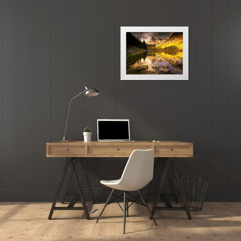 Maroon bells near Aspen Colorado in full Fall blazing yellow color White Modern Wood Framed Art Print by SMO