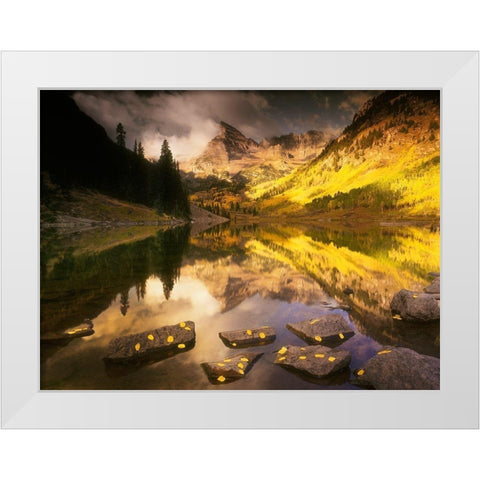Maroon bells near Aspen Colorado in full Fall blazing yellow color White Modern Wood Framed Art Print by SMO