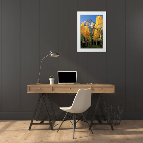 A mountain actually named unnamed 13334 flanked by Fall Aspen trees in the Colorado Rocky Mountains White Modern Wood Framed Art Print by SMO
