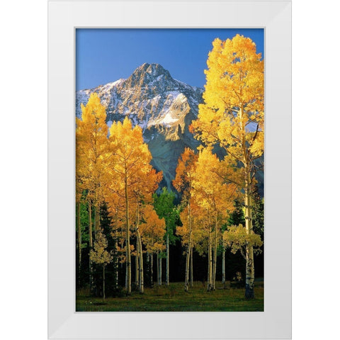 A mountain actually named unnamed 13334 flanked by Fall Aspen trees in the Colorado Rocky Mountains White Modern Wood Framed Art Print by SMO