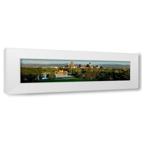 Denver skyline glistens in front of the Rocky Mountains White Modern Wood Framed Art Print by SMO