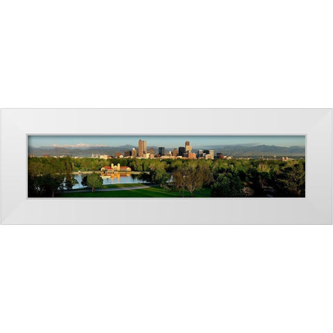 Denver skyline glistens in front of the Rocky Mountains White Modern Wood Framed Art Print by SMO
