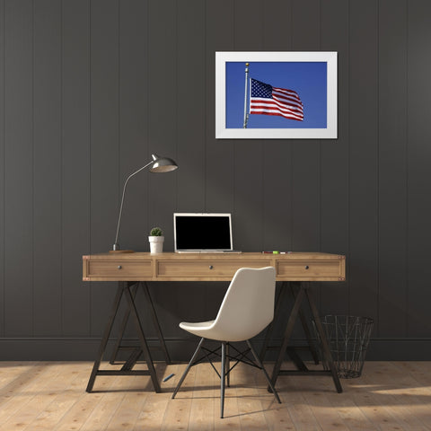 Washington DC, Washington Monument US flag White Modern Wood Framed Art Print by Flaherty, Dennis